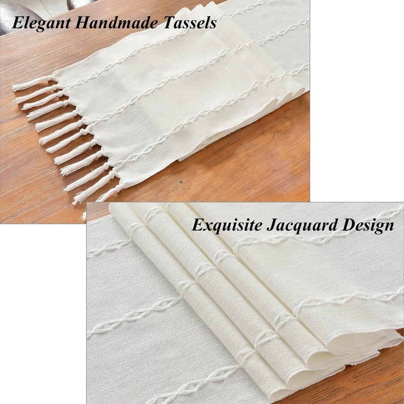 Rustic Linen Table Runner - 72 Inches Long with Hand-Tassels for Dining Room and Party Decor (White, 13"脳72") - Image 2