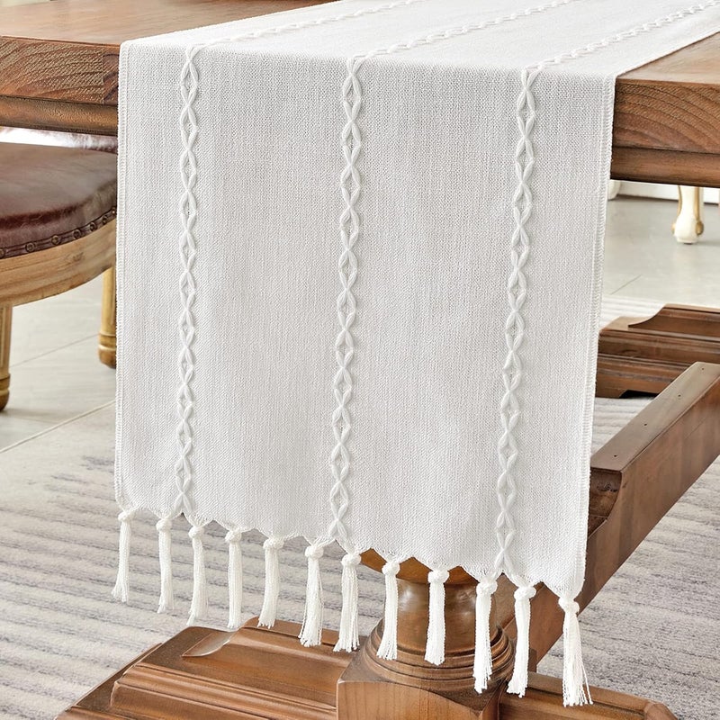Rustic Linen Table Runner - 72 Inches Long with Hand-Tassels for Dining Room and Party Decor (White, 13"脳72") - Image 1