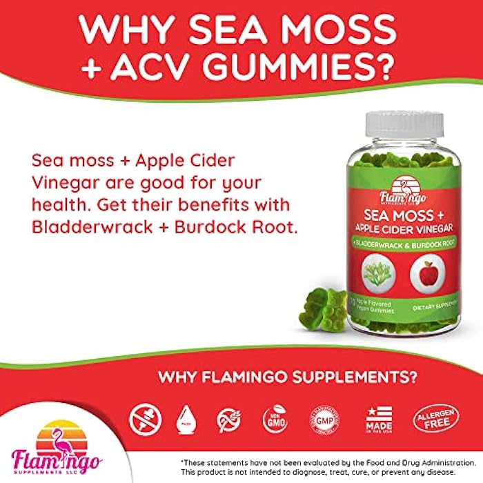 Flamingo Supplements Sea Moss Gummies with Apple Cider Vinegar, Bladderwrack, and Burdock Root Organic- Sea Moss Gummies for Adults and Kids- Vegan, Organic, Irish Seamoss and ACV – 70 Ct - Image 3