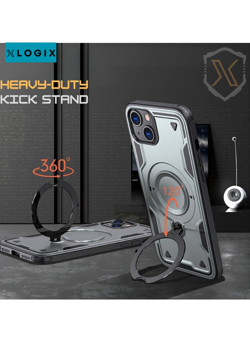 XLogiX for iPhone 15 Armoured Case with Built-in Kickstand | Heavy-Duty Protection | Shockproof | Slim Design | Compatible with MagSafe Accessories, ArmourX Series for iPhone 15 - GREY - Image 4