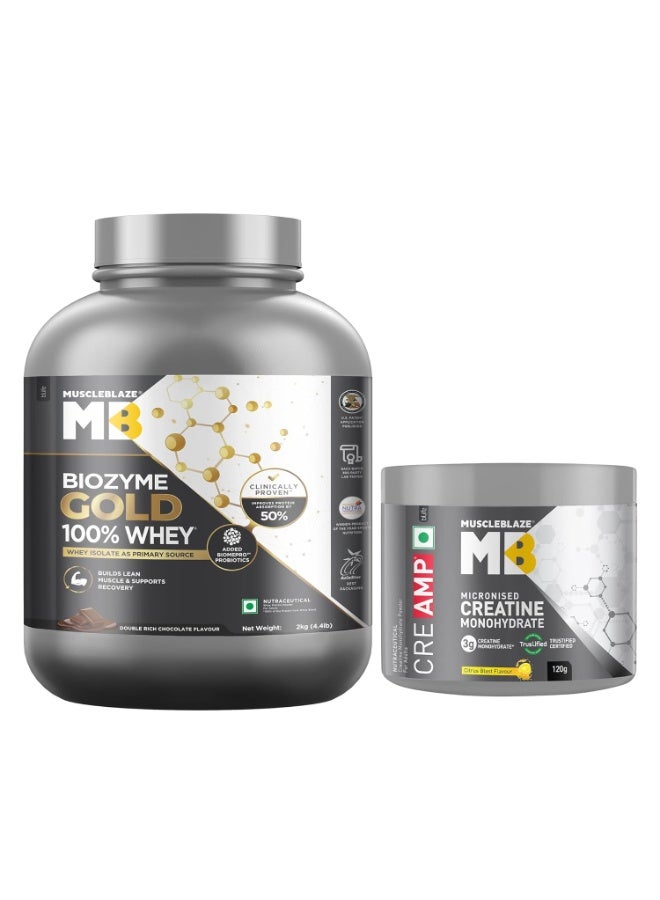 MuscleBlaze Biozyme Gold 100% Whey Protein Powder, Double Rich Chocolate (2kg / 4.4lbs) & Micronised Creatine Monohydrate CreAMP, Citrus Blast (30 Servings, 120g) | Combo Pack - Image 1