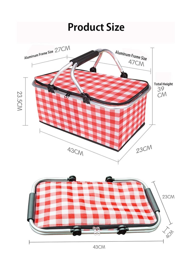 Rightsure - Insulated Picnic Basket, 30L Large Portable Collapsible Cooler Bag Grocery Bag Shopping Basket with Aluminium Handles for Shopping, Travel, Camping (Red) - Image 1