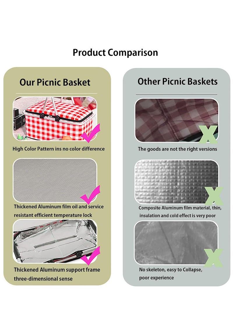 Rightsure - Insulated Picnic Basket, 30L Large Portable Collapsible Cooler Bag Grocery Bag Shopping Basket with Aluminium Handles for Shopping, Travel, Camping (Red) - Image 1