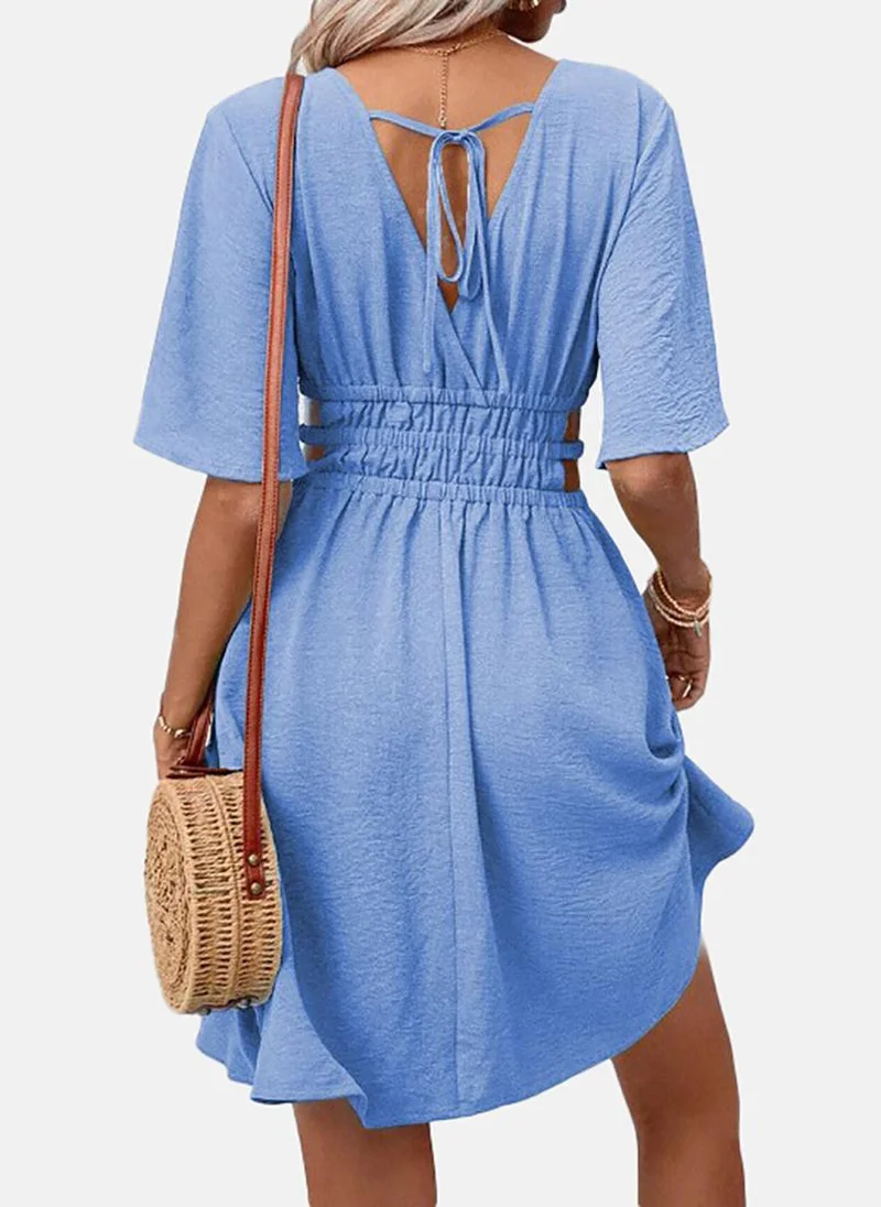 يونيكي Blue Solid Short Sleeve Surplice Neck Mini Fit & Flare Dress