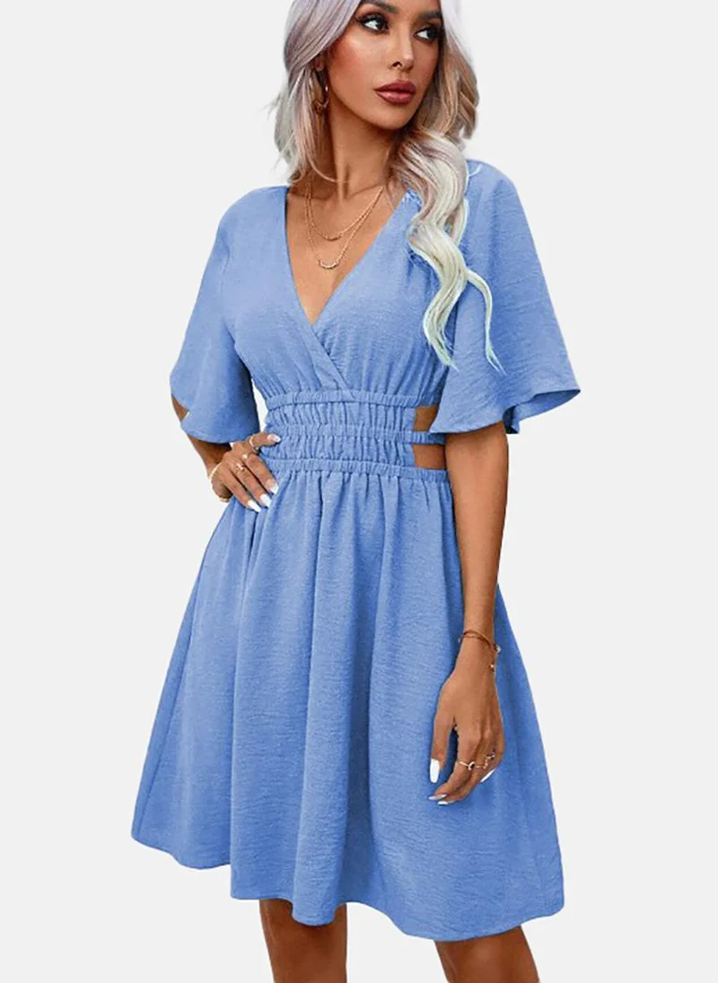 YUNIQEE Blue Solid Short Sleeve Surplice Neck Mini Fit & Flare Dress