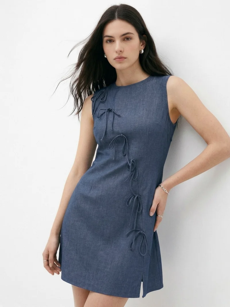 أوجيدر Blue Sleeveless Tie-Up Mini Dress