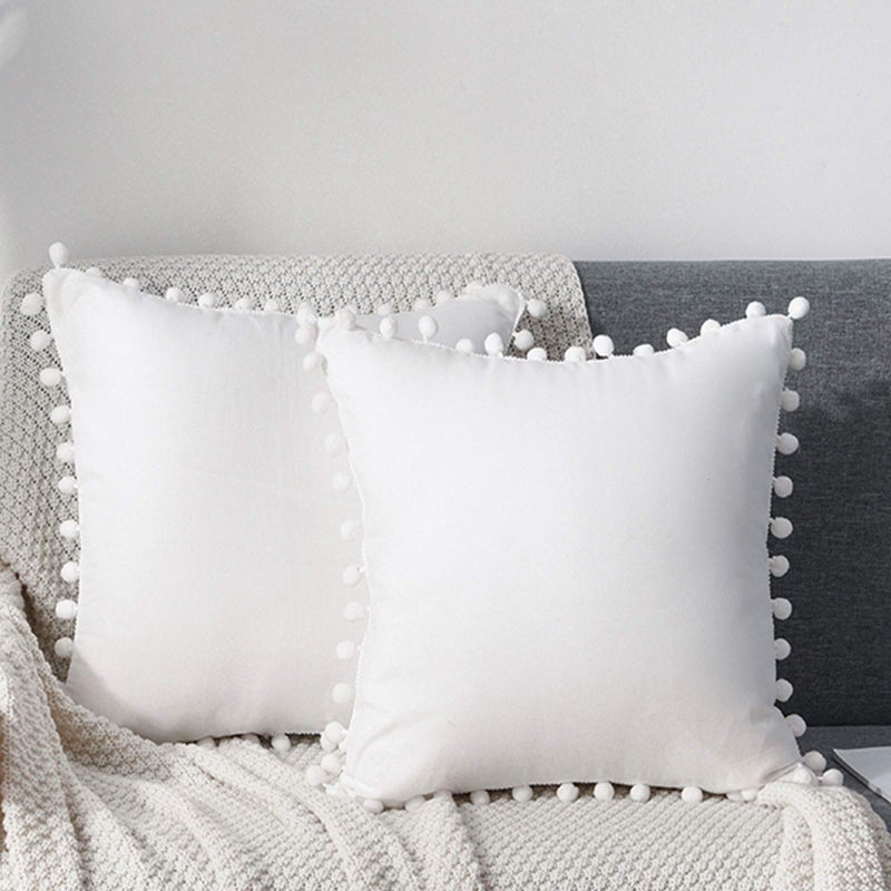 CAWANFLY Set of 2 Decorative Throw Pillow Covers with Cute Pom Pom Square Soft Cushion Case Home Decor for Couch Sofa Bed 20x20Inch50x50 cm White