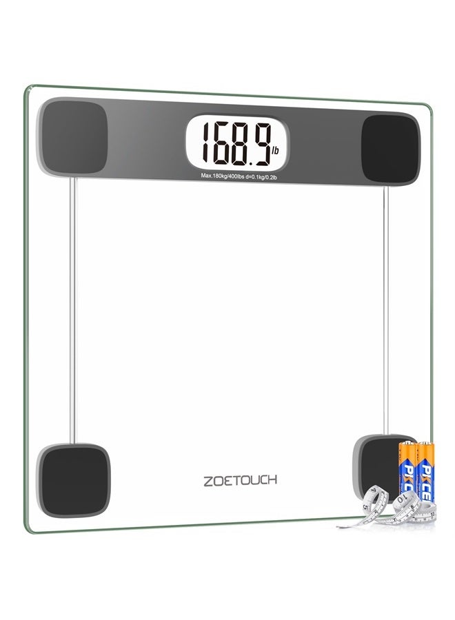 ZOETOUCH Scale for Body Weight Digital Bathroom Weighing Bath Scale, Tempered Glass LCD Display Batteries and Tape Measure Included, 400lbs - Image 1