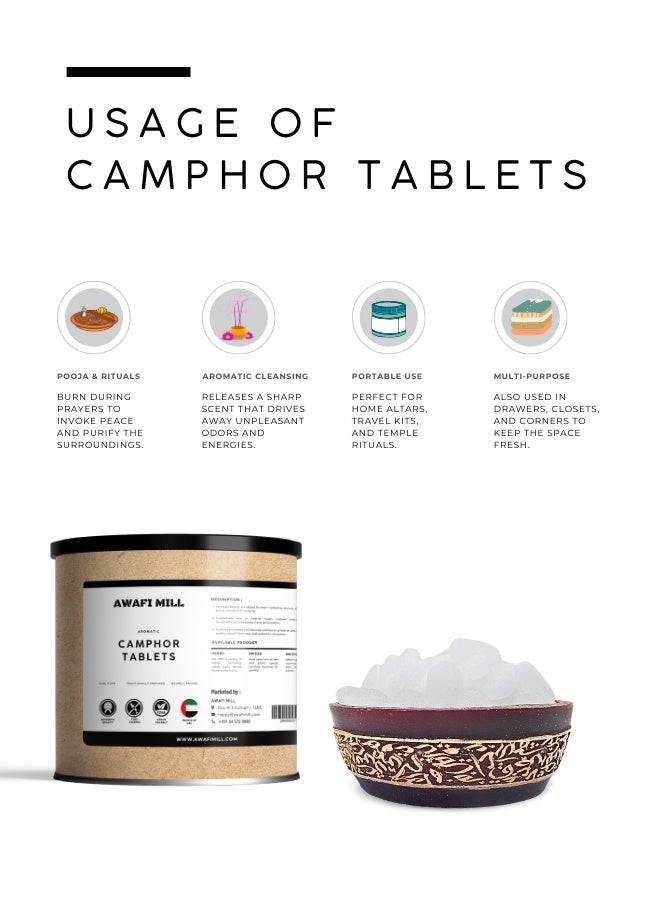 أباميك أقراص الكافور (كابور) من أوافي ميل | كافور عطري للطقوس الدينية، والتأملات الروحية، وأجهزة نشر الروائح، ومعطرات الجو المنزلية | كافور صلب سريع التبخر - ١٠٠ غرام | ٣.٥ أونصة - Image 3