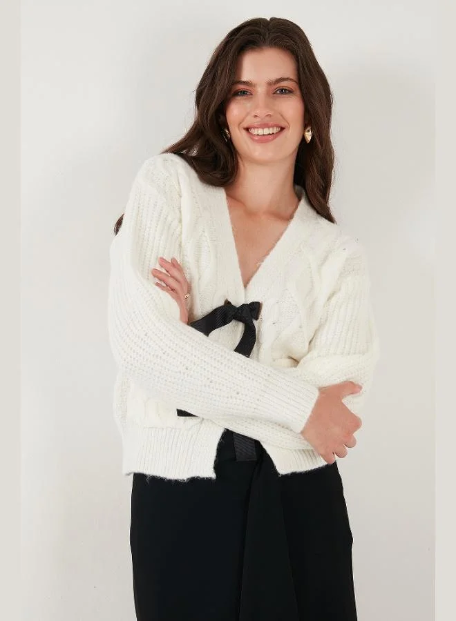 Lela Lela Premium Regular Fit V-Neck Bow Tie Detailed Knitted Patterned Knitwear Cardigan Women's CARDIGAN 680KZ1947