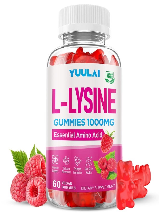 YUULAI L-Lysine 1000mg Gummies for Adults & Kids, Essential Amino Acid Supplement for Lips & Oral Health, Boost Immune & Collagen & Calcium, Sugar-Free, Raspberry Flavor, 60 Count - Image 1