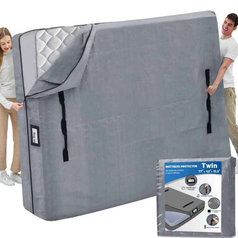 Mattress Bags for Moving and Storage BETU Twin Mattress Protector Waterproof Mattress Cover with 8 Heavy Duty Handles and Zipper Extra Thick Moving Supplies for Dorm Bed Reusable 77x42x135 Grey
