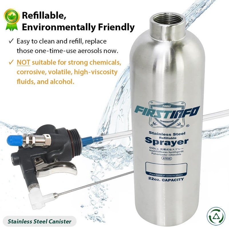 FIRSTINFO TOOLS FIT YOUR NEEDS FIRSTINFO A1636 Patented Max. Pressure 110 psi / 650ml Stainless Steel Canister Aerosol Refillable Fluid Spray Can/Pneumatic Compressed Air Sprayer - Image 3