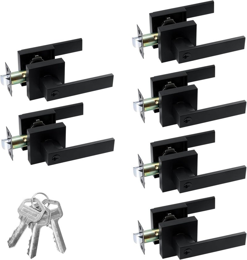 JOKO 6 Pack Entry Door Lock Set, Square Door Lever for Bedroom, Passage Door Privacy Locking Interior/Exterior Entry Door Knob/Heavy Duty - Image 1