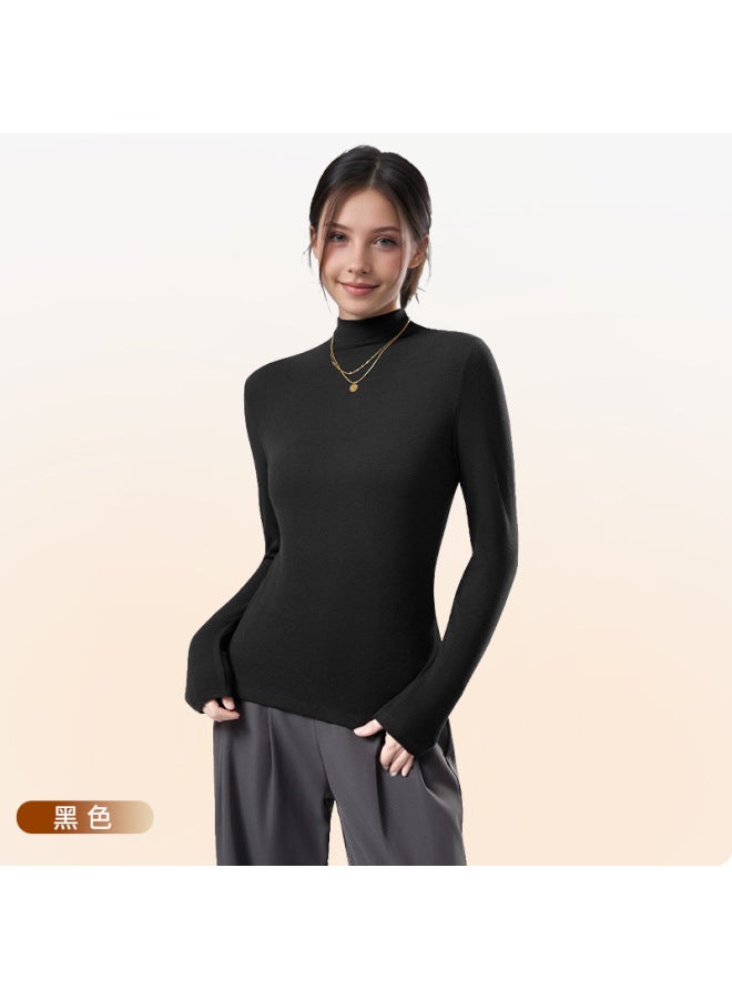 Spring New Style Merino Wool Base Layer Women's Slim-fit Antibacterial Solid Color T-shirt Outer Wear Half-high Collar Warm Top