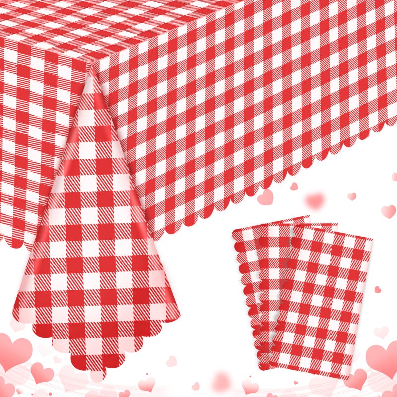 NatNarr 3 Pack Red and White Checkered Tablecloth, 54 X 108Inch Plastic Red Gingham Table Cloth Disposable Spring Picnic Tablecloths Waterproof Red Checkered Table Cover for BBQ Picnic Barbecue Birthday Party - Image 1