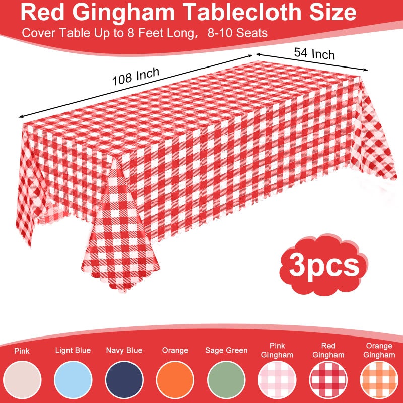 NatNarr 3 Pack Red and White Checkered Tablecloth, 54 X 108Inch Plastic Red Gingham Table Cloth Disposable Spring Picnic Tablecloths Waterproof Red Checkered Table Cover for BBQ Picnic Barbecue Birthday Party - Image 2