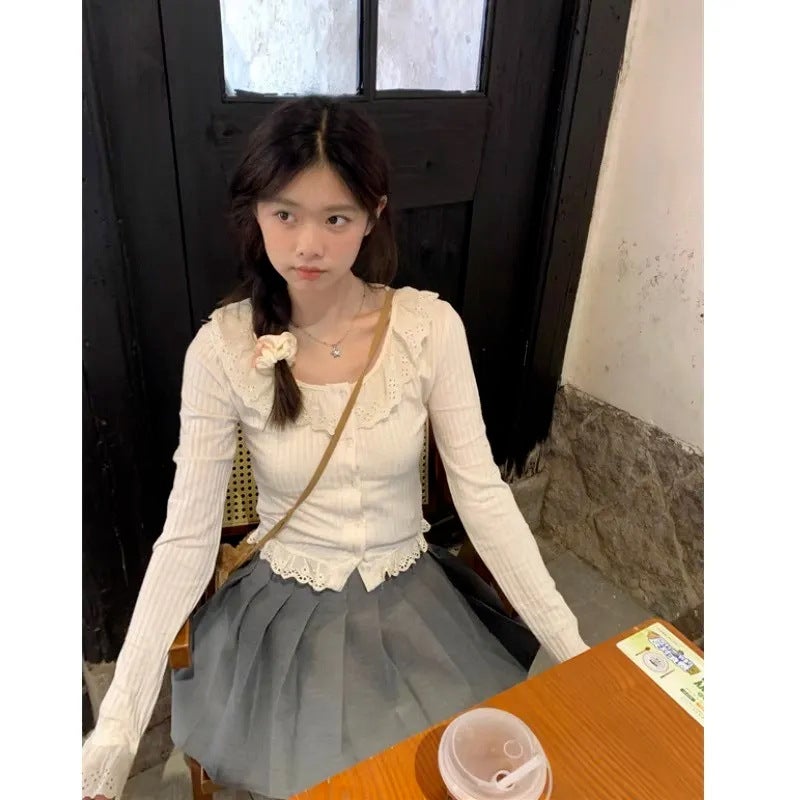 Gentle Ruffled T-Shirt Women'S Autumn Short Stitching Knitted Slim-Fit Slimming Inner Long-Sleeved Top