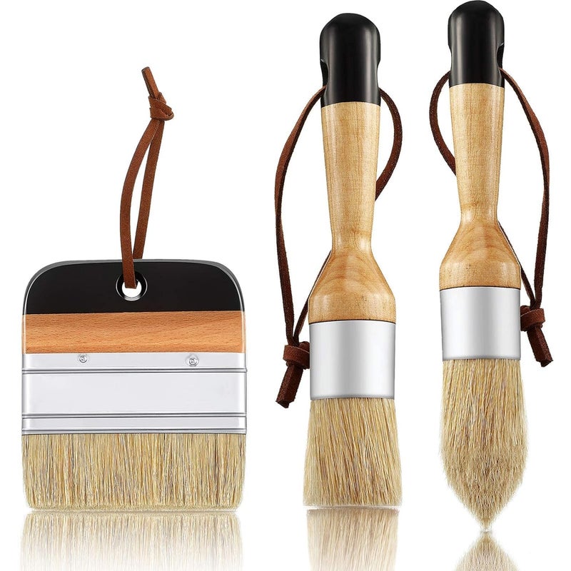 ARROLLIANT 3 Pieces Chalk and Wax Paint Brushes Bristle Stencil Brushes for Wood Furniture Home Decor, Including Flat Pointed and Round Chalked Paint Brushes - Image 1