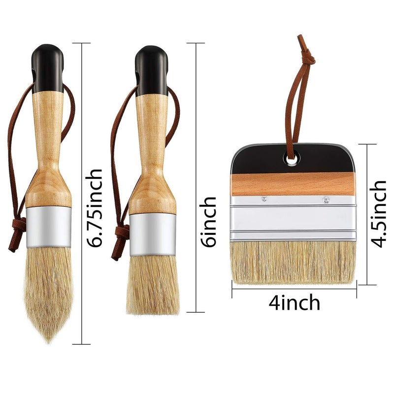 ARROLLIANT 3 Pieces Chalk and Wax Paint Brushes Bristle Stencil Brushes for Wood Furniture Home Decor, Including Flat Pointed and Round Chalked Paint Brushes - Image 2
