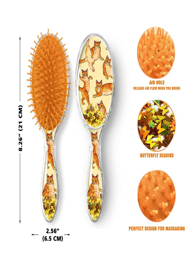WIRESTER Oval Glitter Hair Brush For All Hair Types, Comb Hair Brush for Girls Women, Detangle Hairbrush Suitable for Wet and Dry Hair - Orange Tabby Cat Funny Playful Postures - Image 2