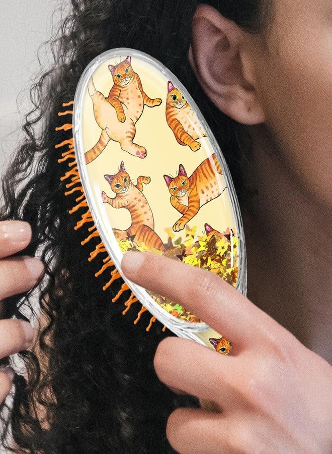 WIRESTER Oval Glitter Hair Brush For All Hair Types, Comb Hair Brush for Girls Women, Detangle Hairbrush Suitable for Wet and Dry Hair - Orange Tabby Cat Funny Playful Postures - Image 4