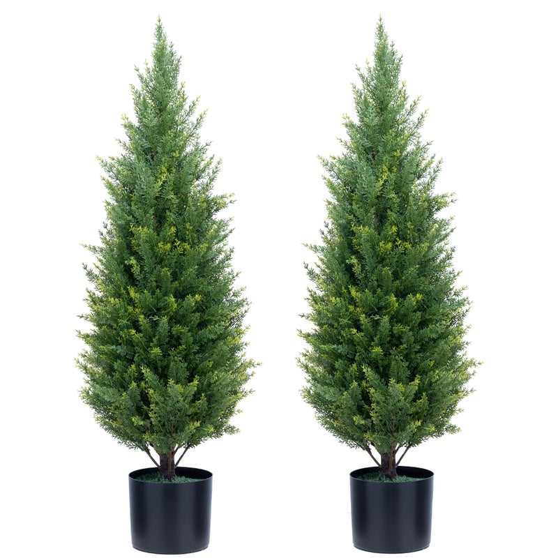 Artificial Topiary Trees 3 Foot Artificial Cedar Trees UV Resistant Potted Plant Set of 2 Faux Bushes Fake Shrubs for Outdoor Indoor Front Porch Garden