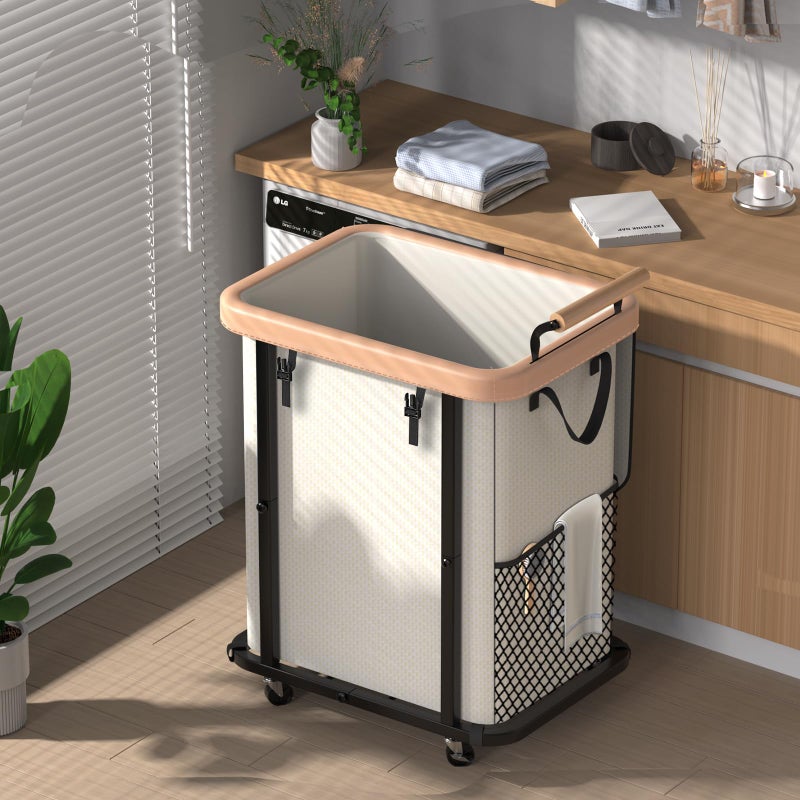 Elowen 40 Gal (150L) Laundry Hamper with Lid, Leather Patchwork Laundry Basket with Rolling Lockable Wheels and Handle, Laundry Basket Organizer for Laundry Room, Bedroom and Bathroom,Laundry Room - White - Image 1
