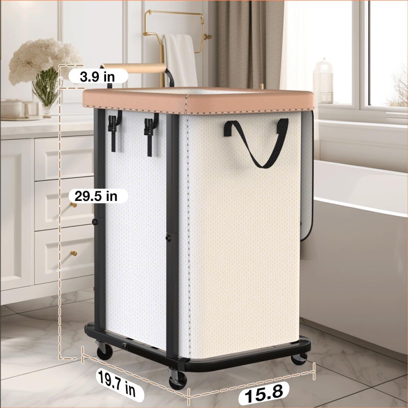 Elowen 40 Gal (150L) Laundry Hamper with Lid, Leather Patchwork Laundry Basket with Rolling Lockable Wheels and Handle, Laundry Basket Organizer for Laundry Room, Bedroom and Bathroom,Laundry Room - White - Image 2