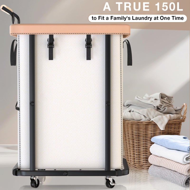 Elowen 40 Gal (150L) Laundry Hamper with Lid, Leather Patchwork Laundry Basket with Rolling Lockable Wheels and Handle, Laundry Basket Organizer for Laundry Room, Bedroom and Bathroom,Laundry Room - White - Image 4