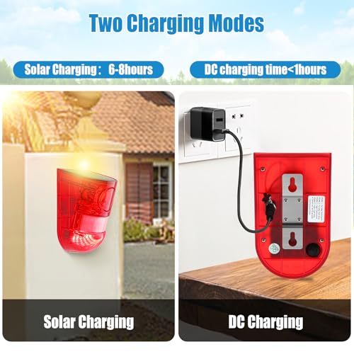 Qualirey 2 Pack Solar Sound and Light Alarm Motion Sensor 129db Outdoor Security Siren Waterproof Motion Activated Detector Alarm 6 LEDs Flash Warning Strobe System for Home, Farm (Red) - Image 5