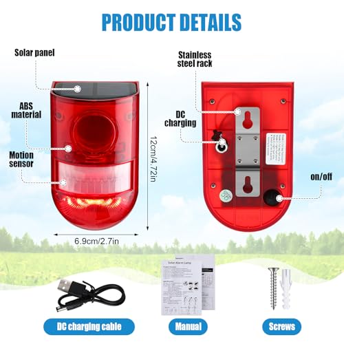Qualirey 2 Pack Solar Sound and Light Alarm Motion Sensor 129db Outdoor Security Siren Waterproof Motion Activated Detector Alarm 6 LEDs Flash Warning Strobe System for Home, Farm (Red) - Image 4