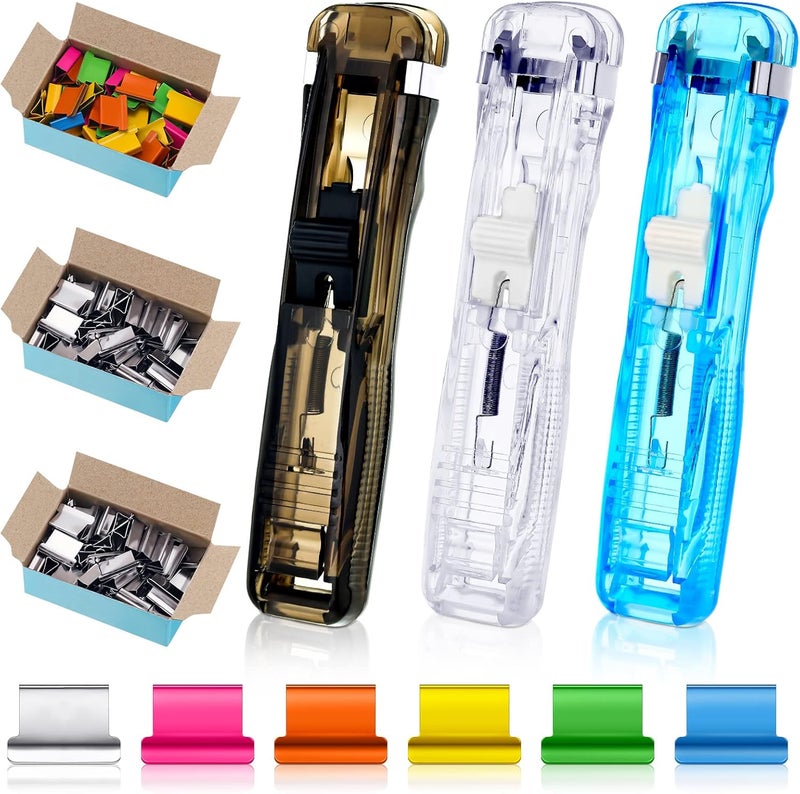 Woanger حزمة 3 من موزع مشابك الورق المحمولة مع 50 قطعة مشابك ملونة قابلة لإعادة الاستخدام و 124 قطعة مشابك فضية سعة 30 ورقة مقص ورق سريع للمكتب والوثائق والمنزل - Image 1