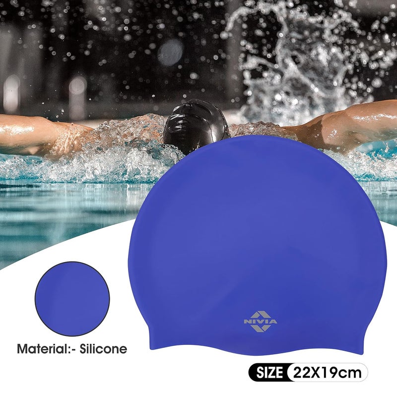 Nivia Classic Swimming Cap (Free Size) Blue Elastic Silicone Waterproof Suitable for Long Hair Unisex - Image 2