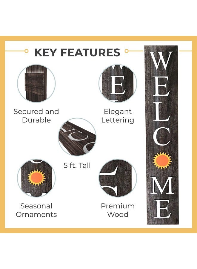 ALBEN Welcome Sign for Front Door Porch with Ornamental Tiles - 8 Interchangeable Seasonal Tiles, Celebrate Holidays and Seasons, Vertical Wooden Outdoor and Indoor Welcome Home Decor Sign (Gray) - Image 3