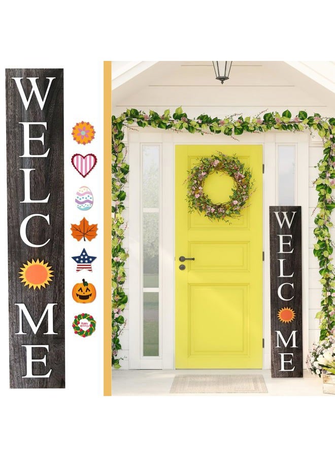 ALBEN Welcome Sign for Front Door Porch with Ornamental Tiles - 8 Interchangeable Seasonal Tiles, Celebrate Holidays and Seasons, Vertical Wooden Outdoor and Indoor Welcome Home Decor Sign (Gray) - Image 1