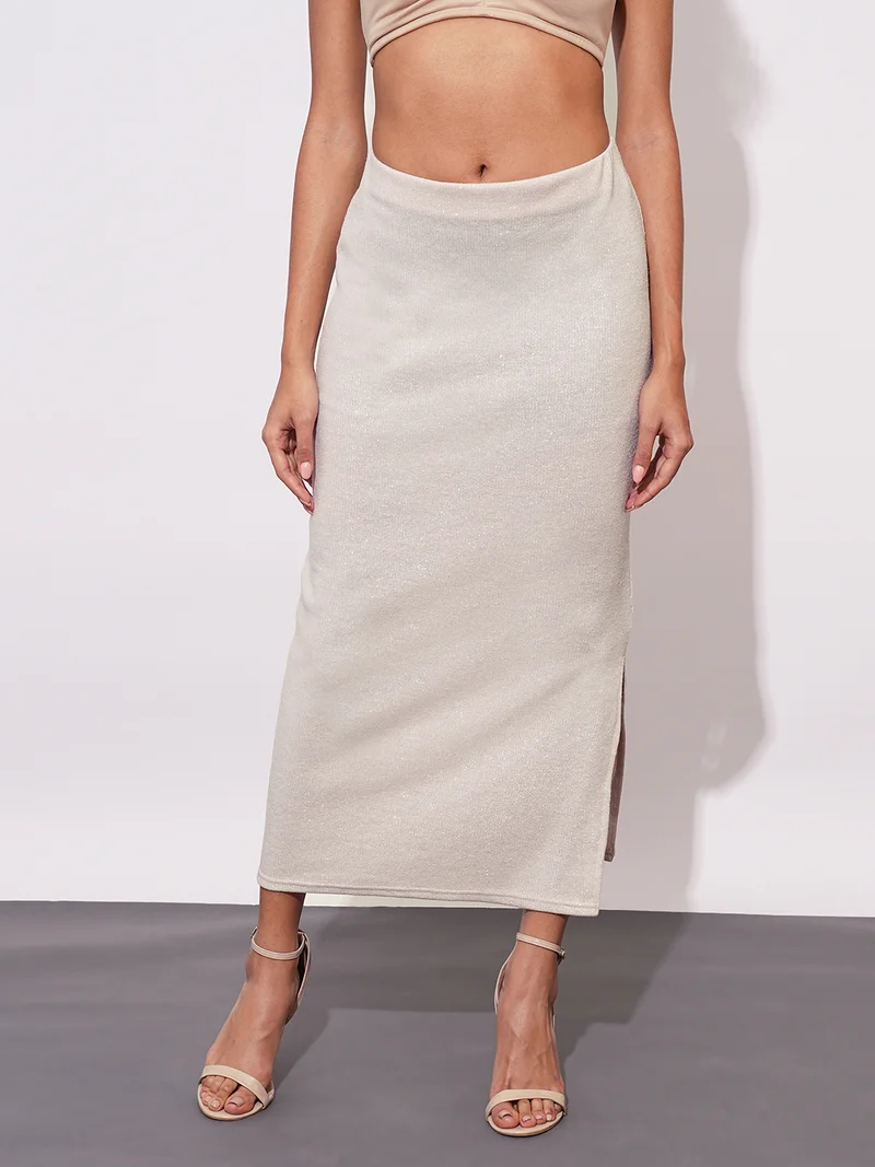 globus Globus Women Sheen Self Design Stretchable Mid-Rise Side Slit Maxi Party Pencil Skirt