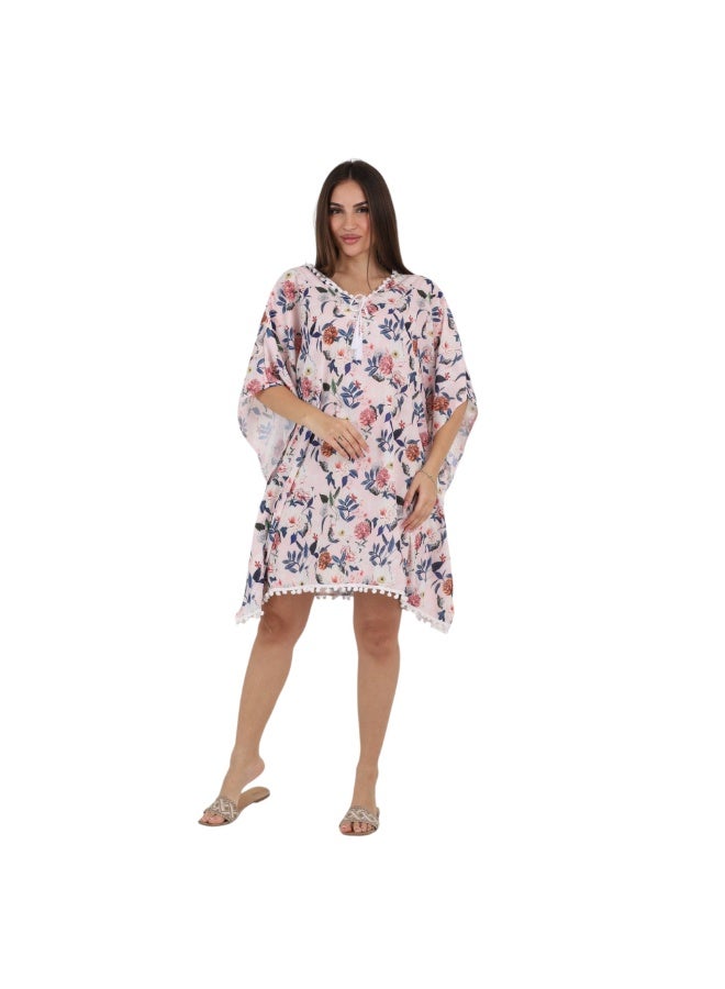 ZECOTEX Women's Chiffon Beach Cover-up Kaftan, Floral Printed Short Tunic with Pom-Pom Trim - Image 1