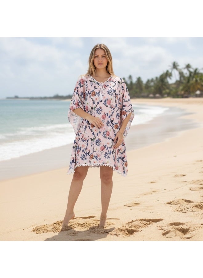 ZECOTEX Women's Chiffon Beach Cover-up Kaftan, Floral Printed Short Tunic with Pom-Pom Trim - Image 2