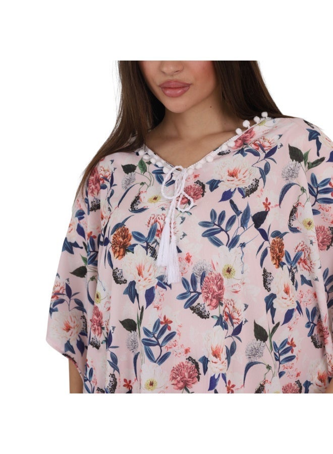 ZECOTEX Women's Chiffon Beach Cover-up Kaftan, Floral Printed Short Tunic with Pom-Pom Trim - Image 5