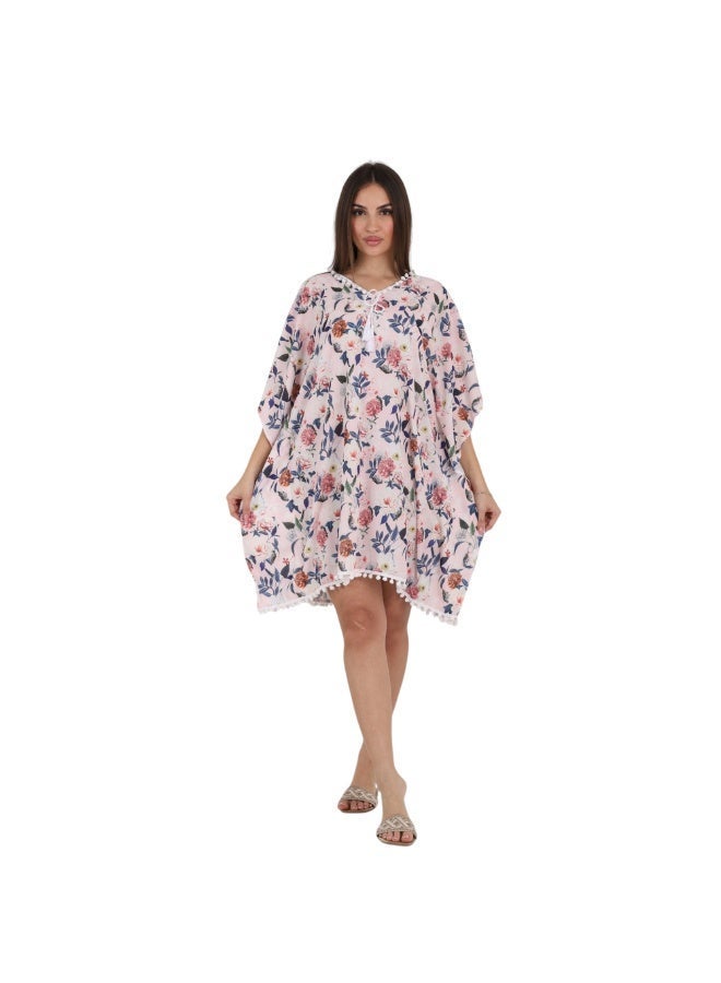 ZECOTEX Women's Chiffon Beach Cover-up Kaftan, Floral Printed Short Tunic with Pom-Pom Trim - Image 4