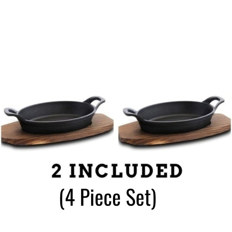 Bruntmor Mini Cast Iron Sizzler Plates Skillet Set Of 4. Oval Fajita Plate With Wooden Base/Pan Tray Serving Sizzling Dish And Fajitas, Hot Steak Skillet Dish Without Sinking (2 Sets) - Image 4