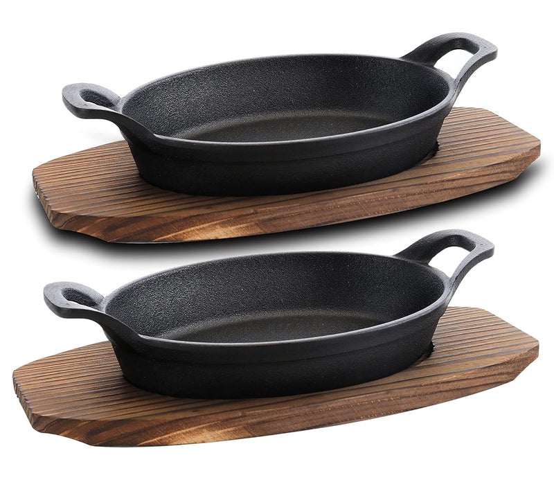 Bruntmor Mini Cast Iron Sizzler Plates Skillet Set Of 4. Oval Fajita Plate With Wooden Base/Pan Tray Serving Sizzling Dish And Fajitas, Hot Steak Skillet Dish Without Sinking (2 Sets) - Image 1