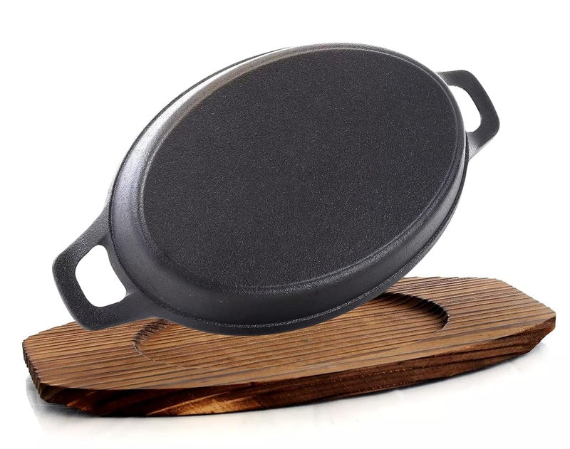 Bruntmor Mini Cast Iron Sizzler Plates Skillet Set Of 4. Oval Fajita Plate With Wooden Base/Pan Tray Serving Sizzling Dish And Fajitas, Hot Steak Skillet Dish Without Sinking (2 Sets) - Image 2