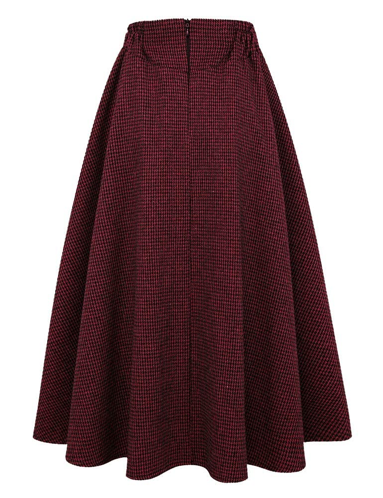 IDEALSANXUN Christmas Skirt Christmas Outfits Clothes Gifts 2023 Fall Winter High Waisted Wool Tweed Long Red Plaid Dress, Wine, XL - Image 3