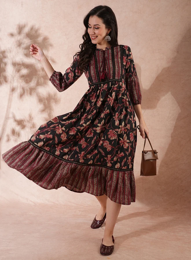 globus Globus All-Over Floral Print Mandarin Collar Ruffles Hem A-Line Midi Dress