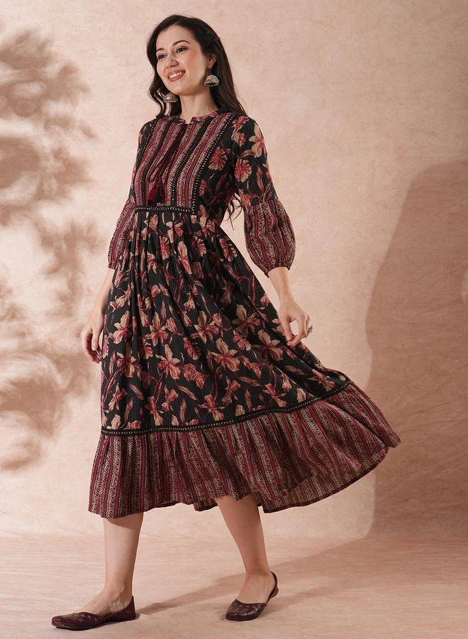 globus Globus All-Over Floral Print Mandarin Collar Ruffles Hem A-Line Midi Dress
