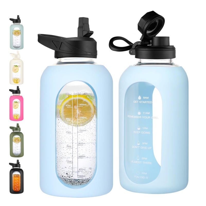 CIVAGO 64 oz Glass Water Bottle Jug with Straw and Handle, Half Gallon Sports Motivational Water Bottle with Time Marker, Wide Mouth Flask Canteen with Silicone Sleeve for Gym, Light Blue - Image 1
