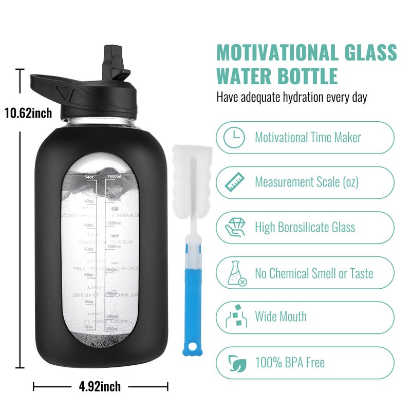 CIVAGO 64 oz Glass Water Bottle Jug with Straw and Handle, Half Gallon Sports Motivational Water Bottle with Time Marker, Wide Mouth Flask Canteen with Silicone Sleeve for Gym, Light Blue - Image 2