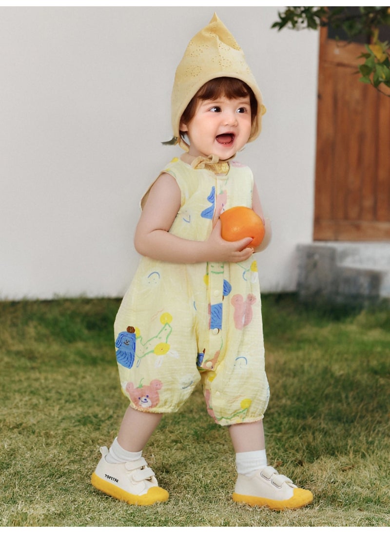 ميني بالا سلة أطفال غير جنس محددة بلا أكمام لطيفة، قطعة مسلين ناعمة وقابلة للتنفس، طباعة حيوانات لطيفة، غلق قفل سريع في الأمام، مريحة ليوميات الصيف، مثالية للعبادة الخارجية والمناسبات العائلية سلة أطفال - Image 2